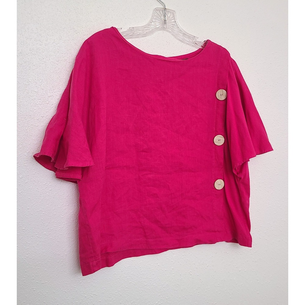 Kensie 100% Linen Hot Pink MEDIUM Button Detail Short Sleeve Top Blouse Bright M - Picture 9 of 9